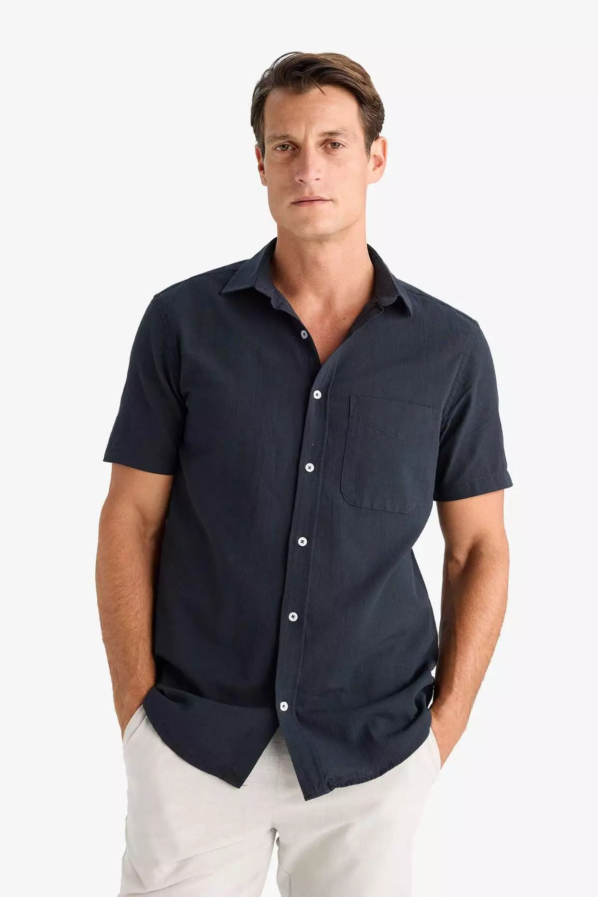 100% Cotton Regular Fit Summer Polo Collar Linen Look Short Sleeve White Shirt D7551Ax25Sp