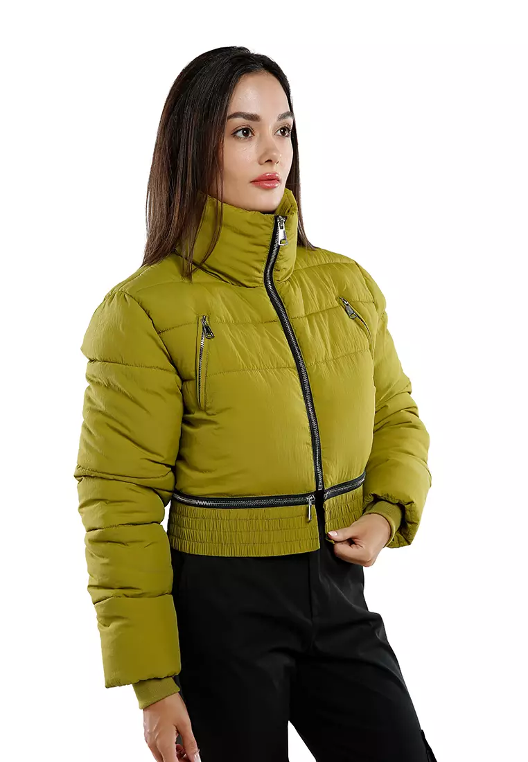 Dark Olive Cropped Detachable Turtleneck Puffer Jacket