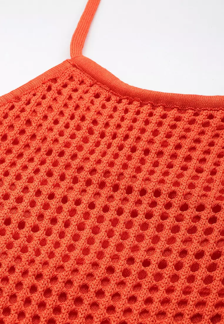 Gaun Punggung Terbuka Leher Halter Warna Oranye