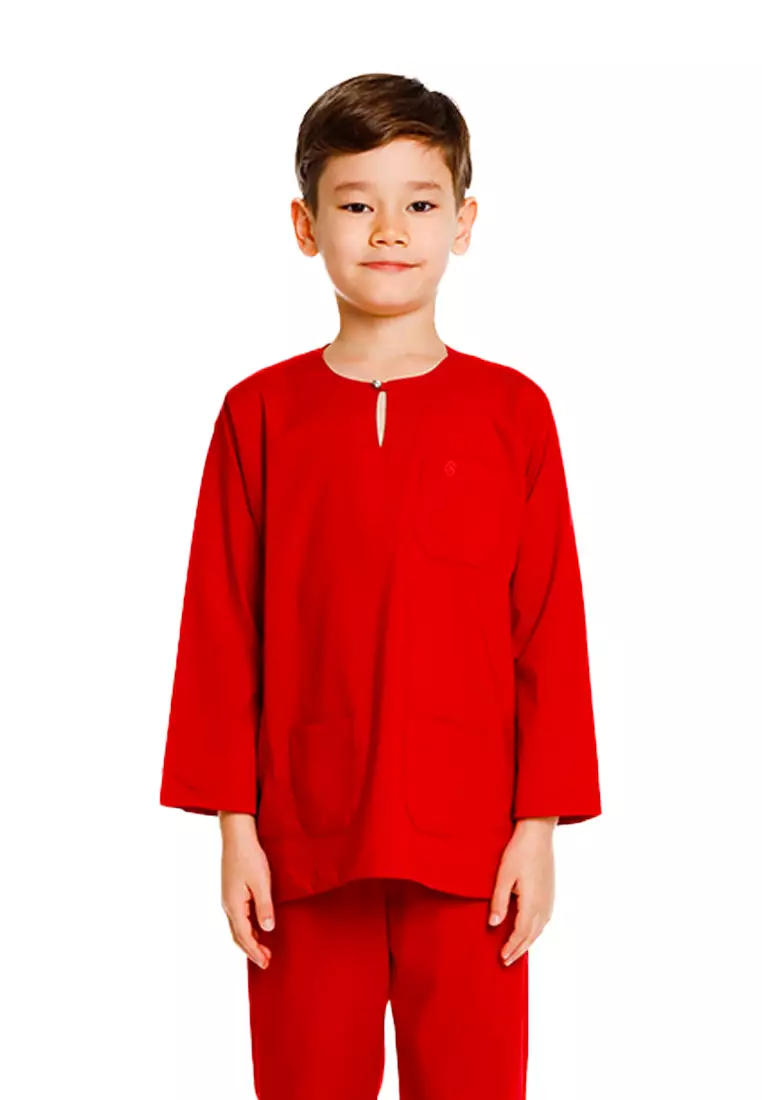 Byford Baju Melayu Raya Baju Johor Teluk Belanga Slim Fit Sedondon Anak Budak - 3925501A-74Red