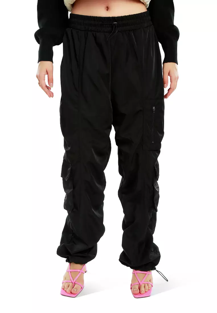 Women's Black Cargo Parachute Pants Out Pocket