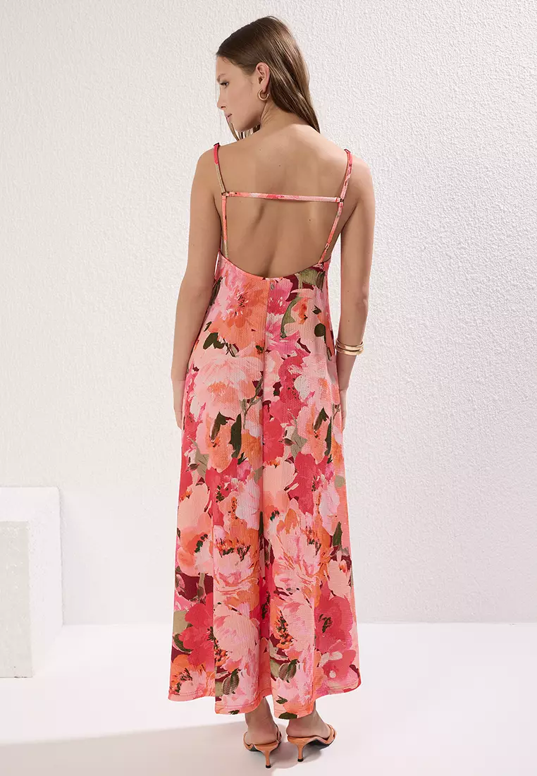 Floral Print Adjustable Strappy A-Line Crepe/Textured Knit Maxi Dress