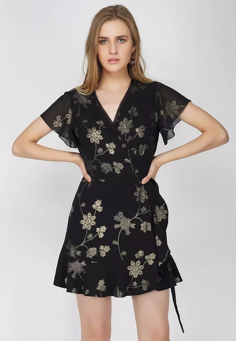 black floral wrap dress