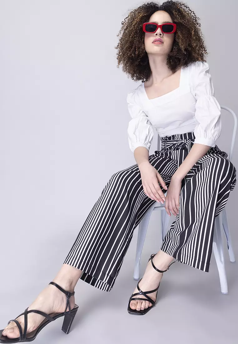 FabAlley Black Striped Paper Bag High Waist Trousers 2024 Buy