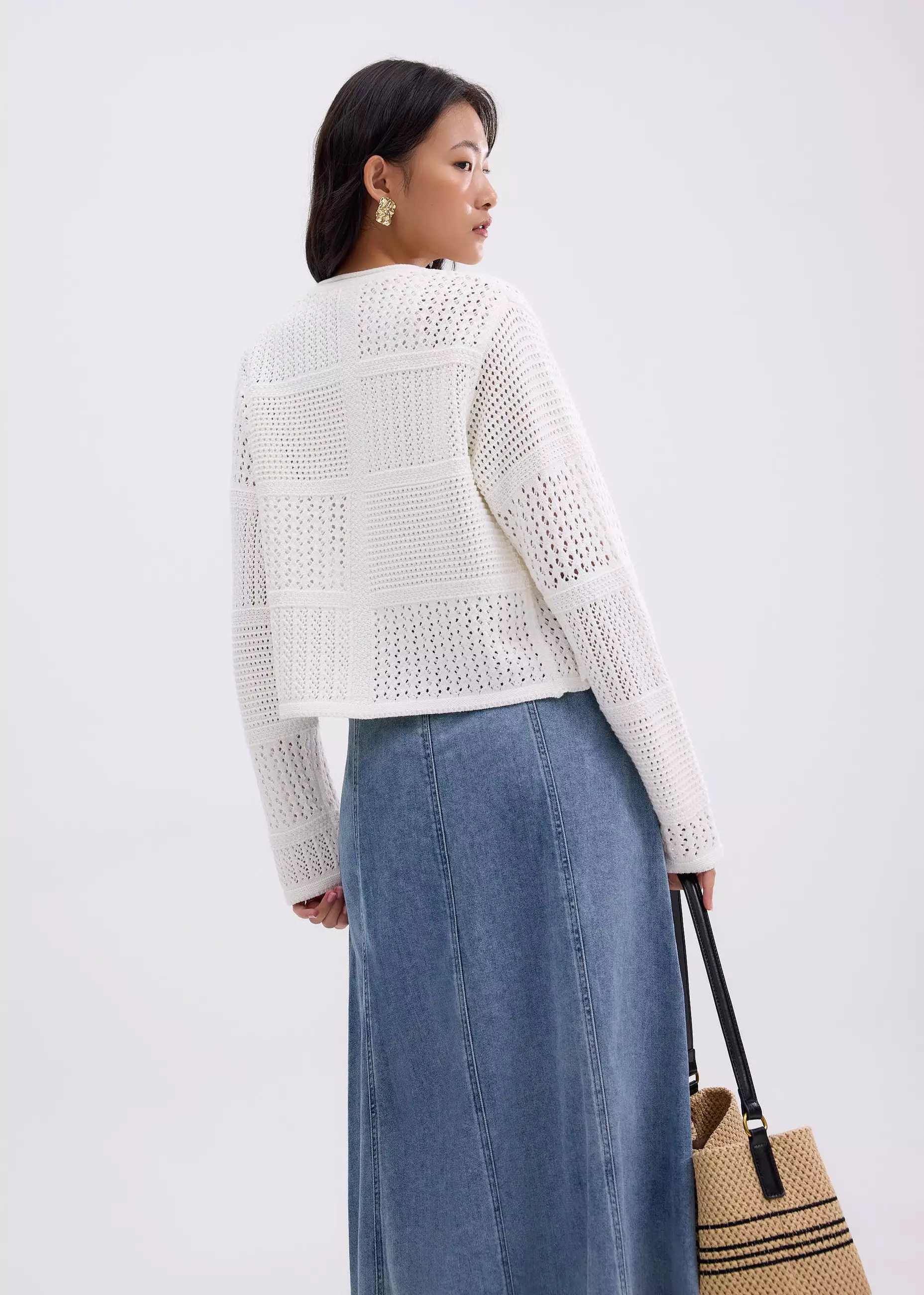 Cardigan Wanita - Relaxed Pointelle Knit Round Neck Cardigan