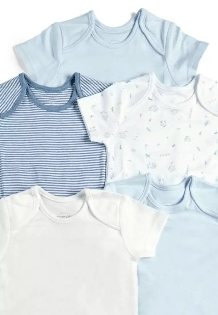 Blue Boys Short Sleeve Cotton Bodysuits - 5 Pack