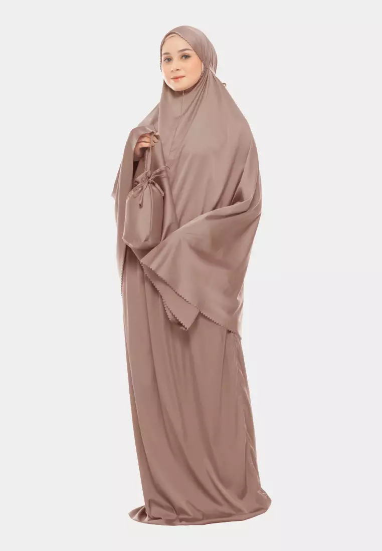Ayesha Mukena 2in1 Prayer Set Polos Lasercuting Armani Silk Premium By Cotton Bee - Rosy Brown