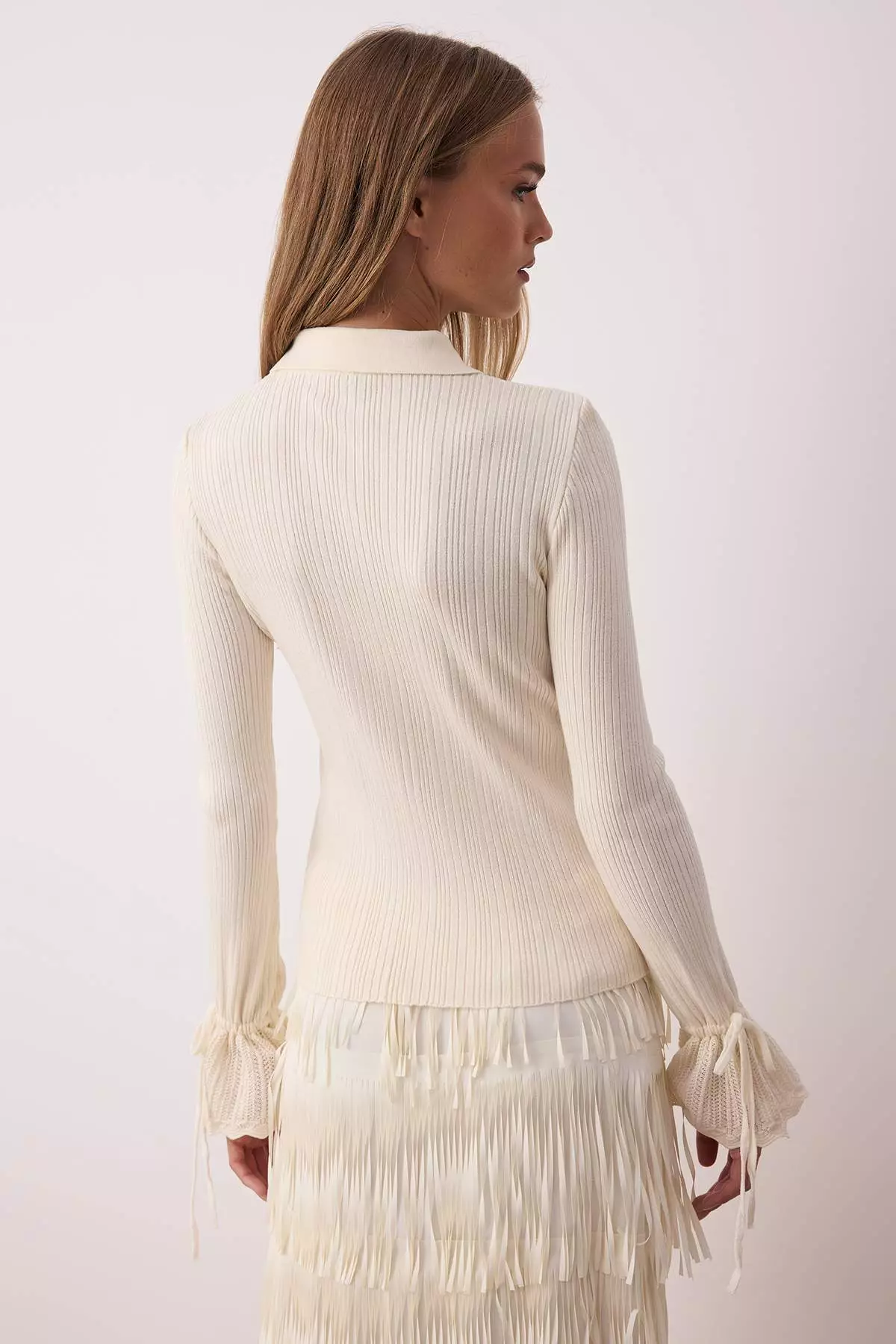 Ecru Mercerized Look Ribbed Polo Neck Knitwear Cardigan