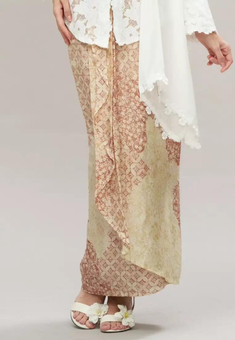 Loveaisyah White Premium Chiffon High Neck Top & Premium Brown Batik Skirt Modern Kurung