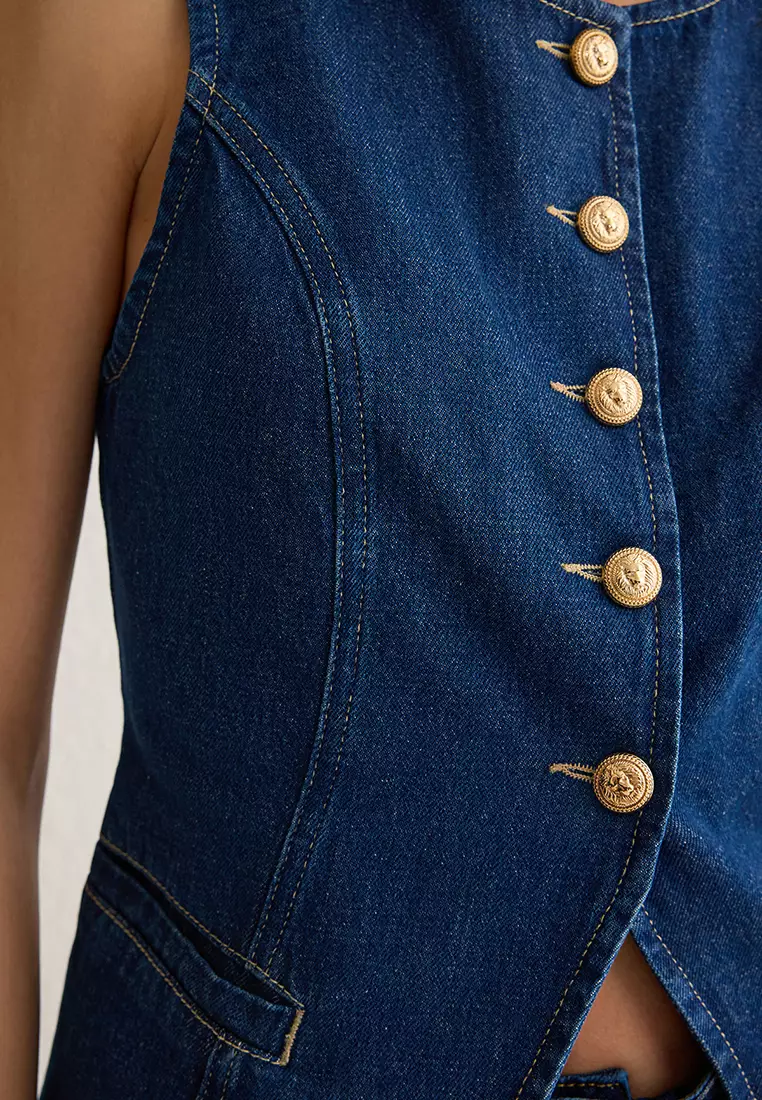 Dark Blue Gold Buttoned Stitch Detailed Denim Vest