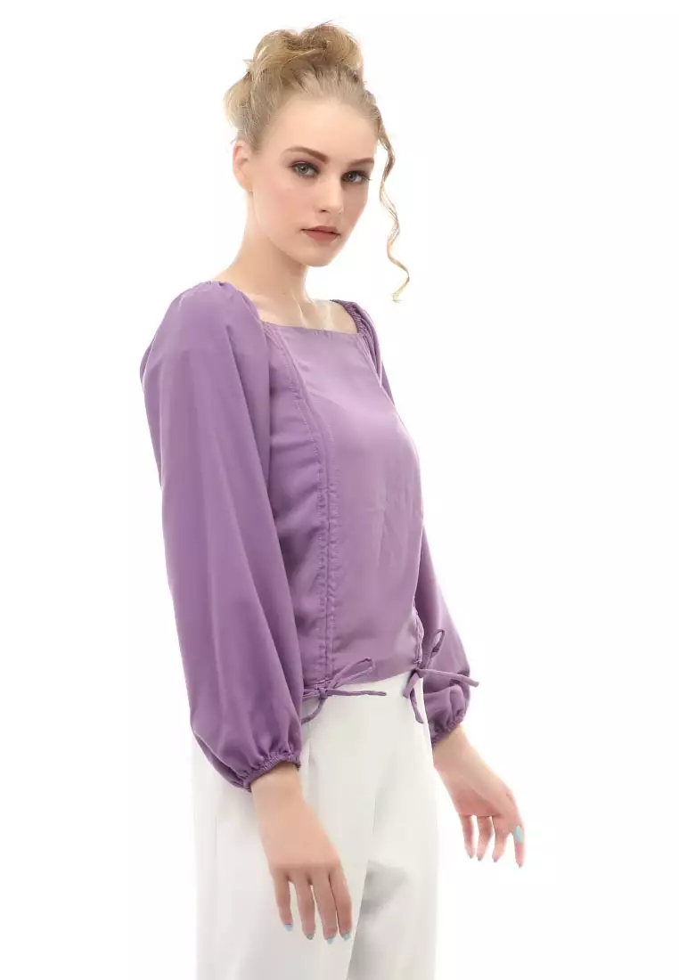 Cheva Blouse Atasan Wanita Sabrina Tali Lengan Panjang Casual Top Long Sleeve Comfortable Material Wolfis ORIGINAL - Purple