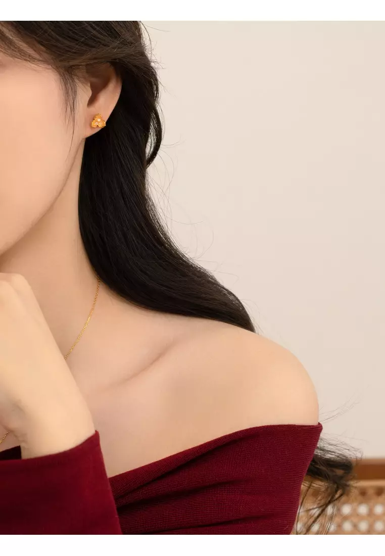 999 24K Solid Gold Cultural Blessings Blossom Stud Earrings with Diamonds for Women 95404E