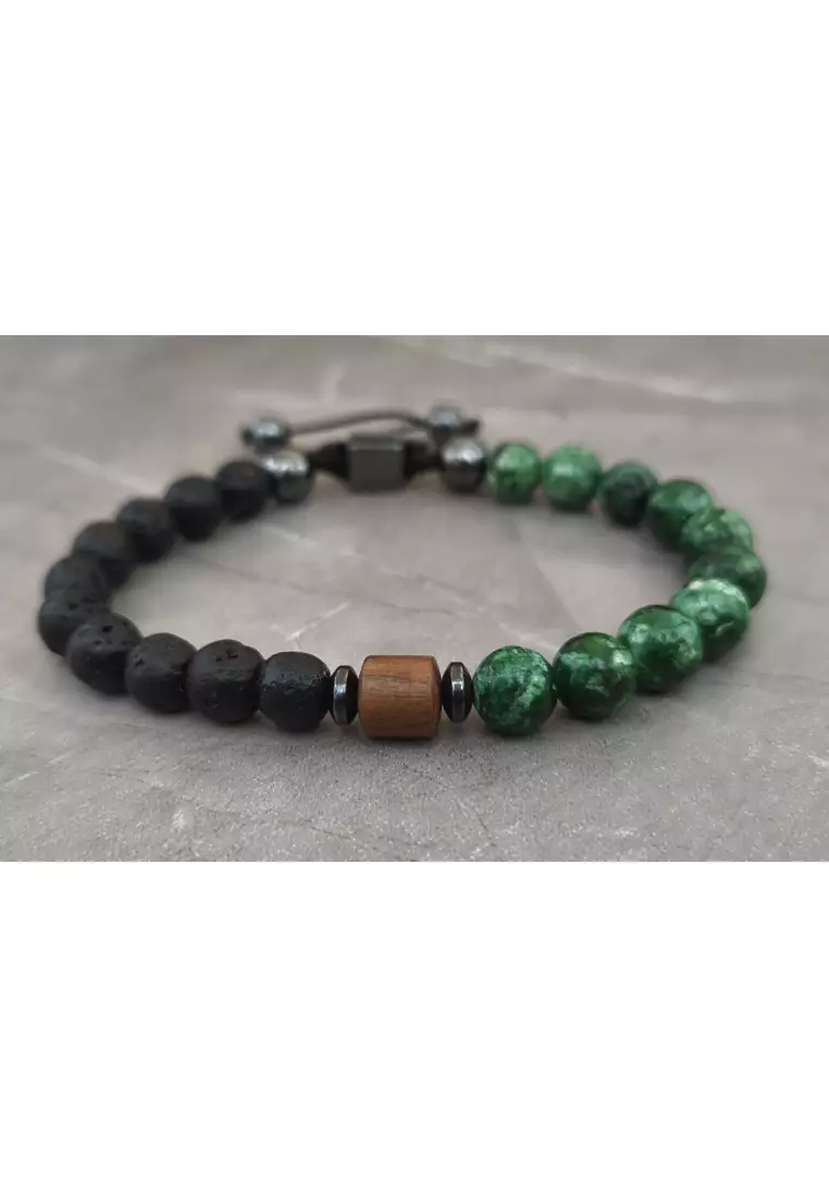 Aksesoris Gelang Pria Macrame Wooden Stump Center Malachite & Lava Stones Bracelet Black & Green