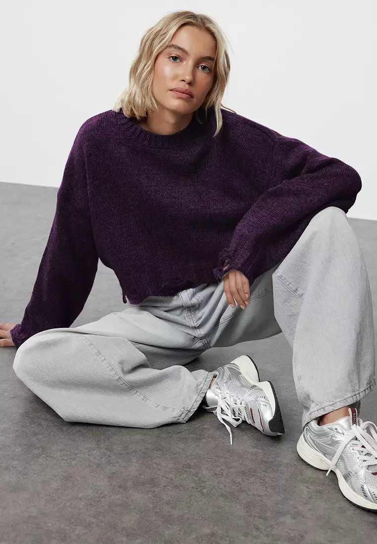 Purple Crop Wide Fit Soft Textured Pullover Detailed Sweater