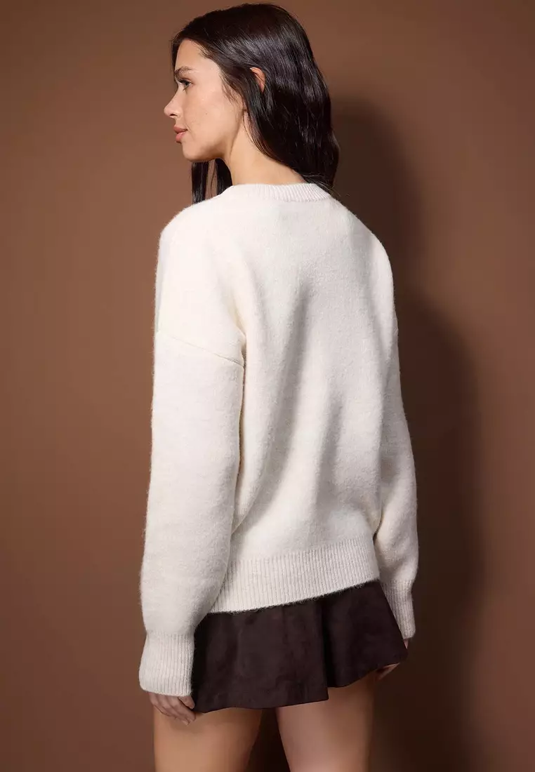 Wardrobe Essentials Bone Wool Premium Yarn Basic Wide Fit Knitwear Sweater | Twoaw26Kz65