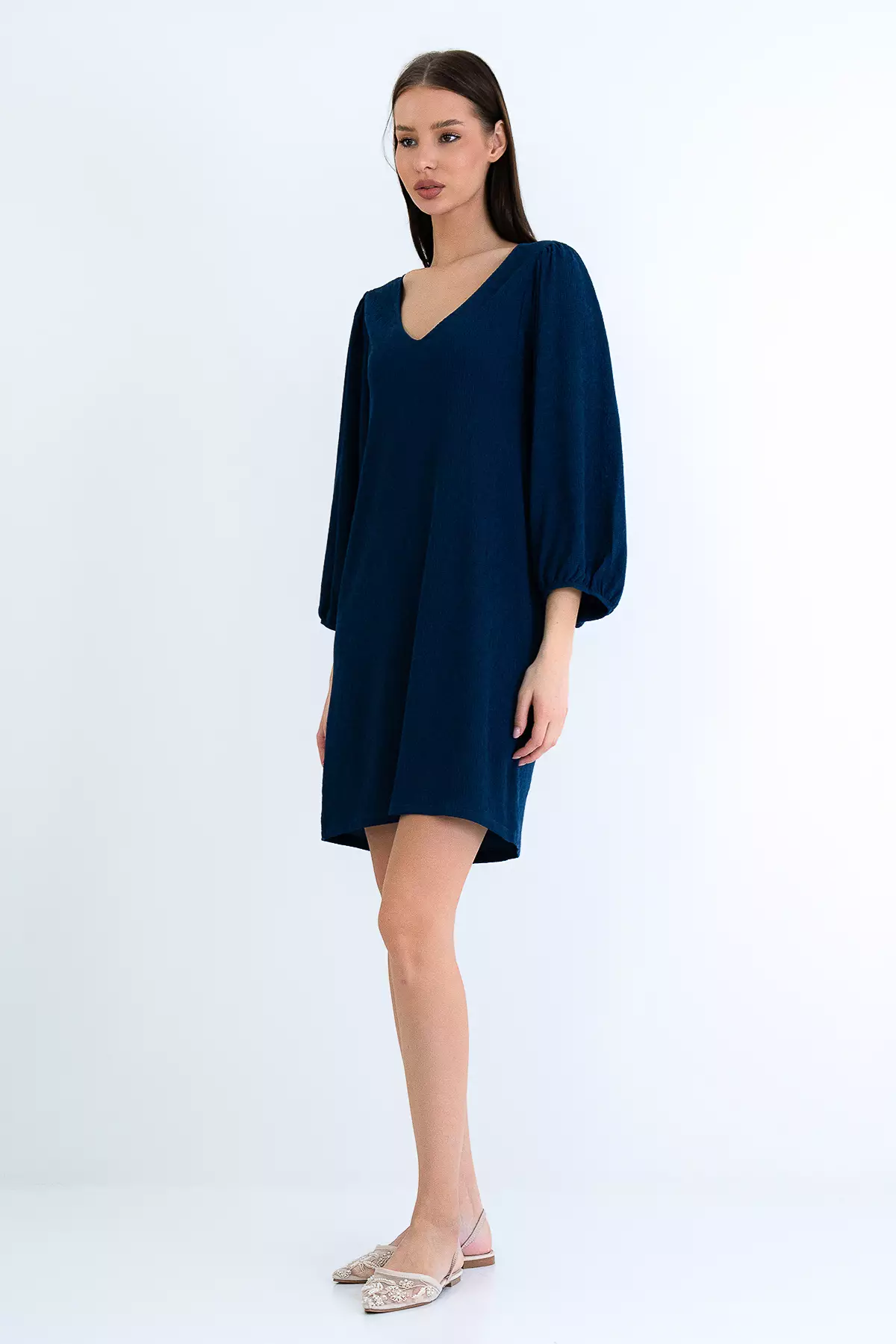 Navy Blue V-Neck Princess Sleeve Wrap Mini Dress Alc-X15160