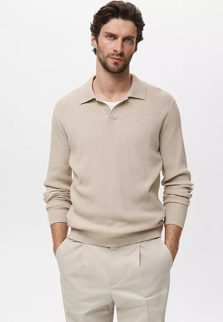 Cotton-Blend Ribbed Polo Sweater