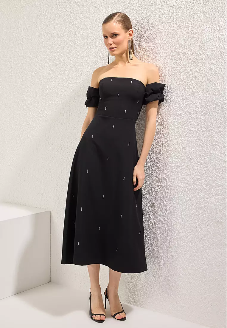 Black Carmen Collar Stone Print Detailed Woven Midi Elegant Evening Night Graduation Dress TPRSS25EL00243