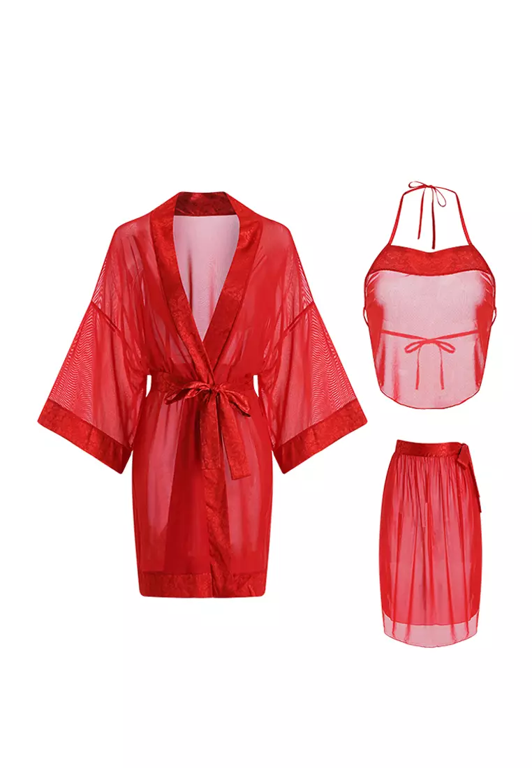 LDZ5063 Lady Sexy Lace Sleepwear Three Pieces Set  Red