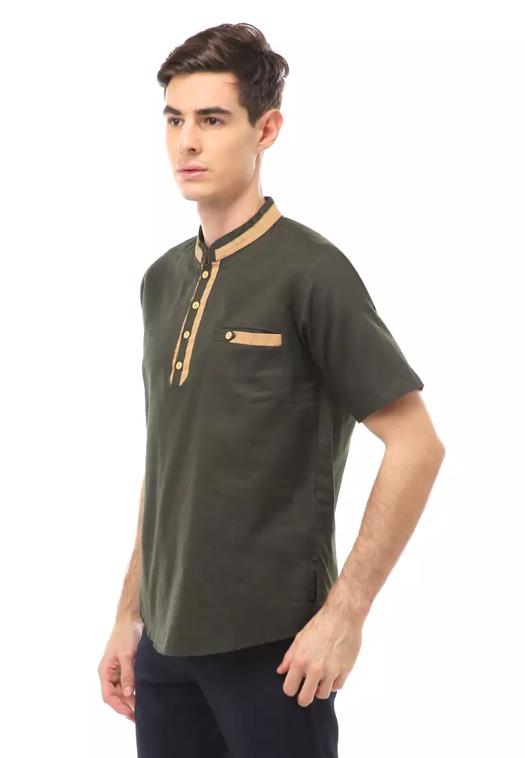 Dwan Atasan Formal Pria Kemeja Koko Motif List Kancing Short Sleeve Material Cotton ORIGINAL - Army Green