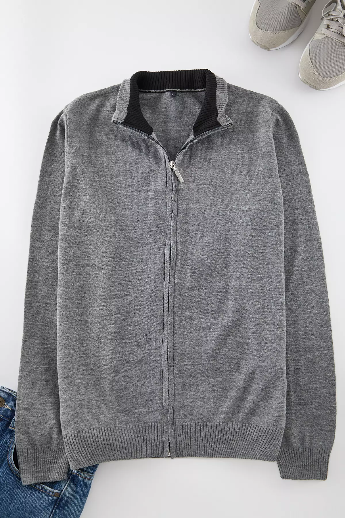 Gray Slim Fit Half Turtleneck Plain Knitwear Cardigan