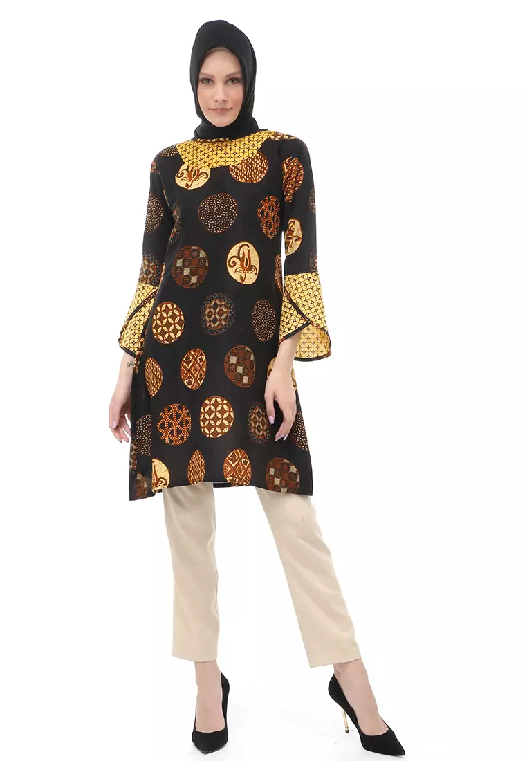 Tunik Batik Motif Koin Atasan Wanita Muslimah - Coklat