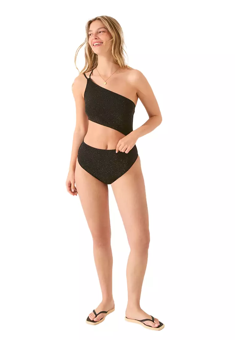 Black Asymmetrical Glitter Trikini Swimsuit