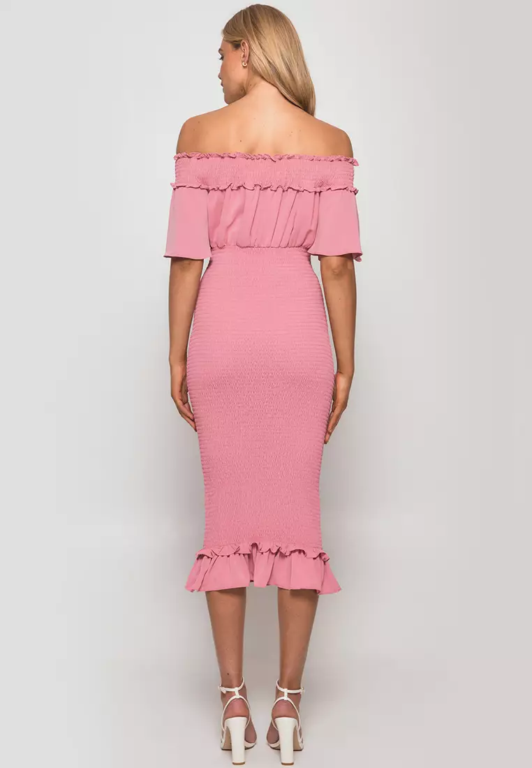 Off The Shoulder Shirred Midi Dress