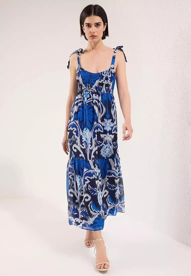 Navy Blue Paisley Pattern Skirt Waist Opening Gipeli Maxi Woven Dress Twoss25El00710