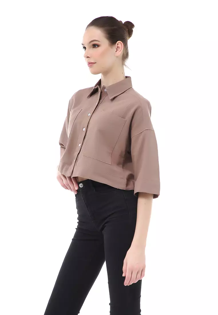 Brielle Atasan Wanita Kemeja Crop Oversize Shirt Lengan Panjang Material Linen ORIGINAL - Tiramisu