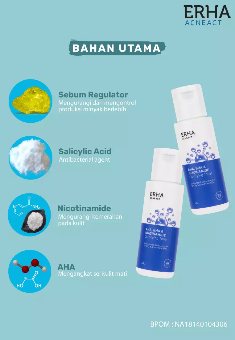 ERHA Acneact AHA BHA & Niacinamide Clarifiying Toner 60ml - Toner Wajah Eksfoliasi  Jerawat & Minyak