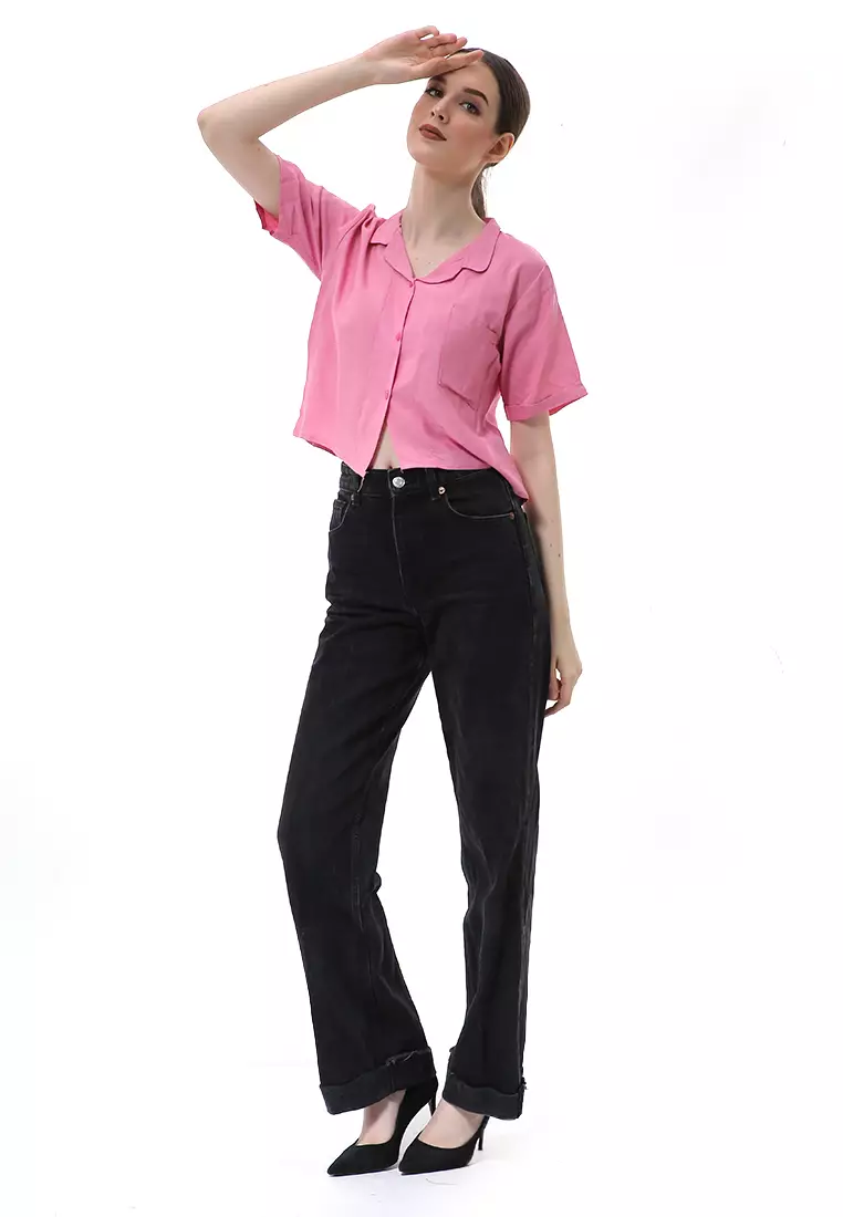 Melinda Kemeja Crop Top Atasan Wanita Motif Polos Relaxed Fit - Pink