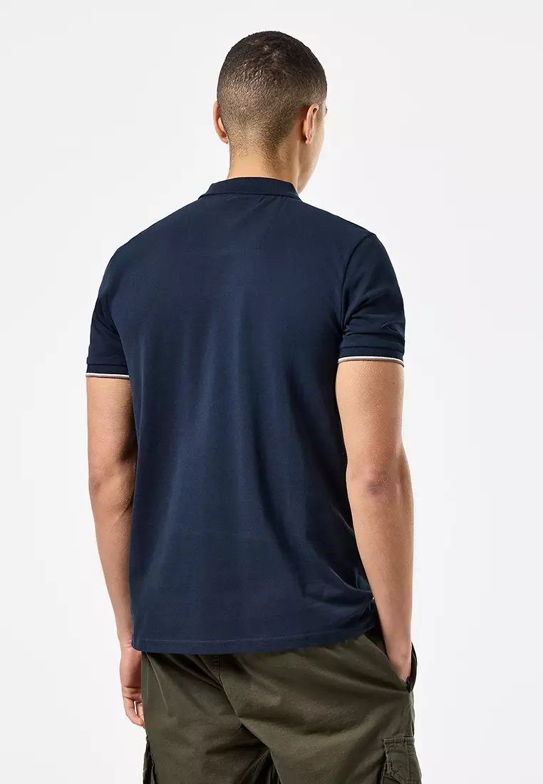 MENS NAVY/MID HOUSE CHECK SAKAI POLO WITH MID CHECK PIPING