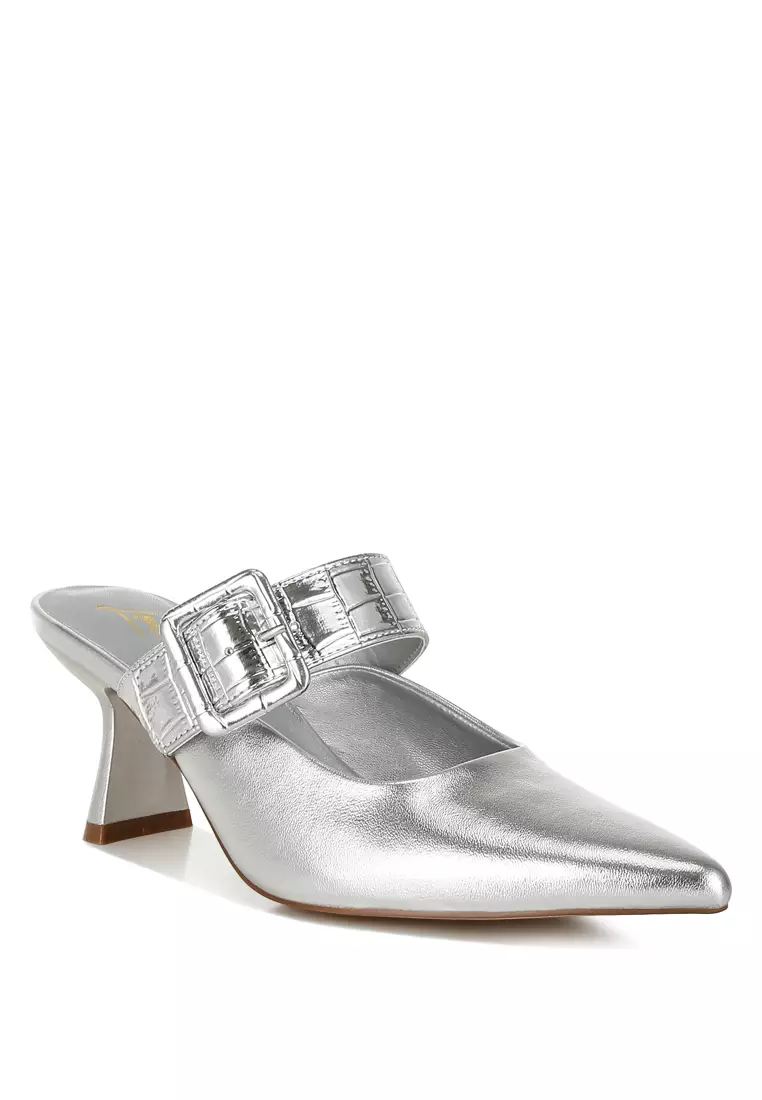 Large Buckle Kitten Heel Mules In Silver