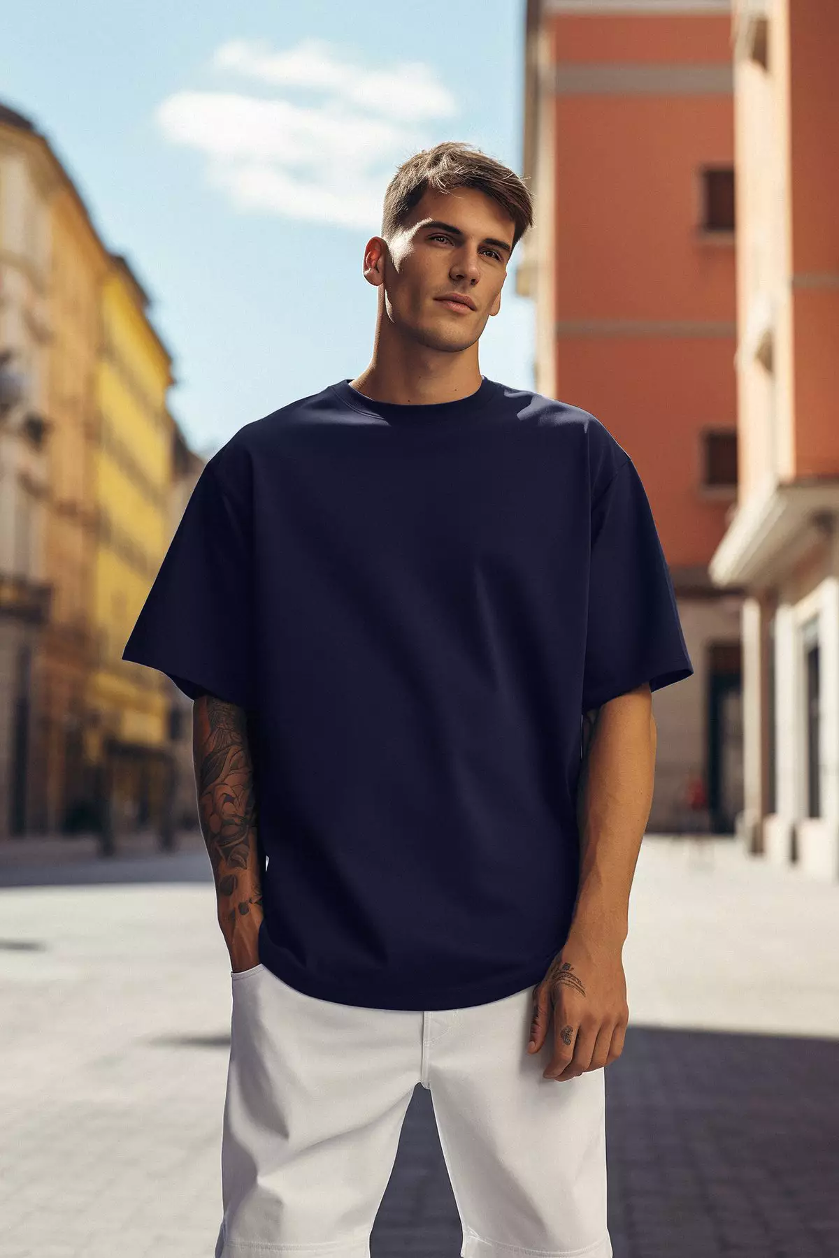 Navy Blue Oversize Crew Neck 100% Cotton T-Shirt - Tmnss22Ts0318