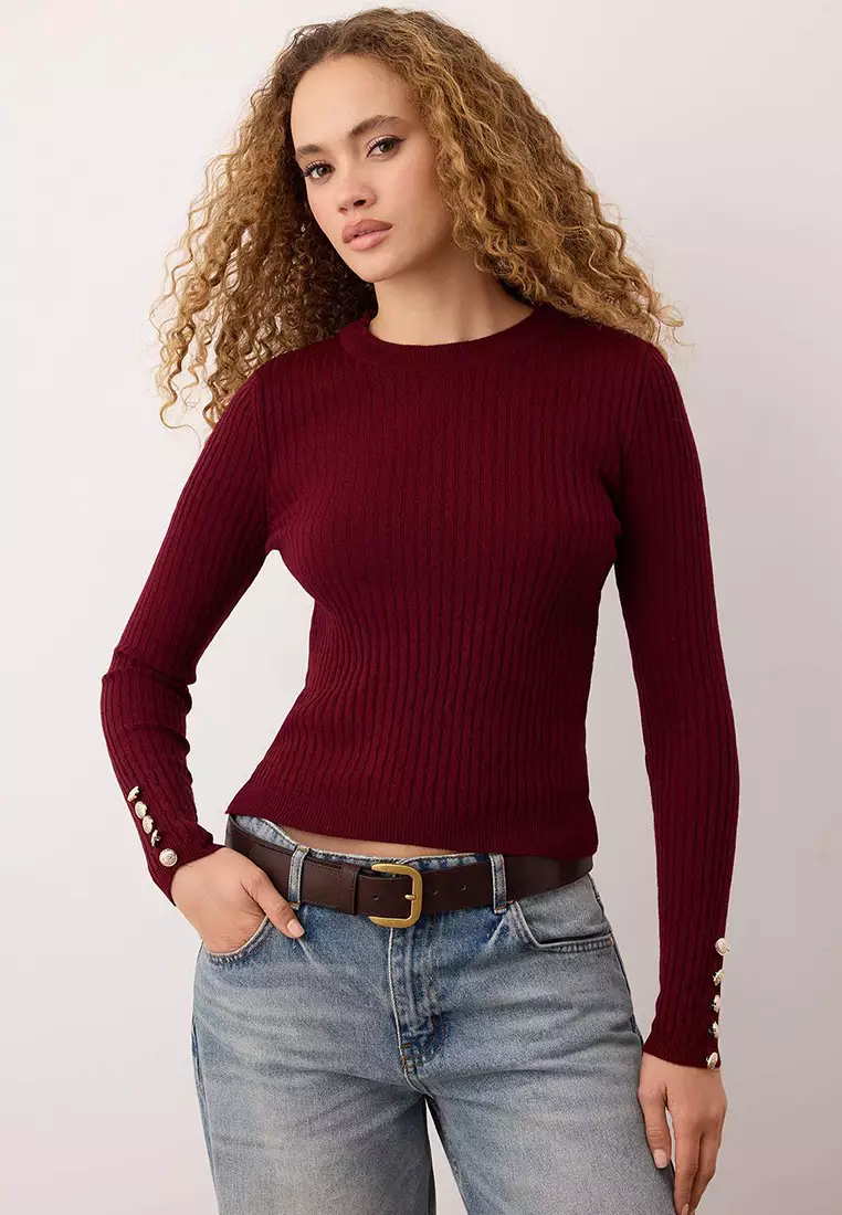 Ecru-Burgundy Crew Neck Hair Knit Double Knitwear Sweater