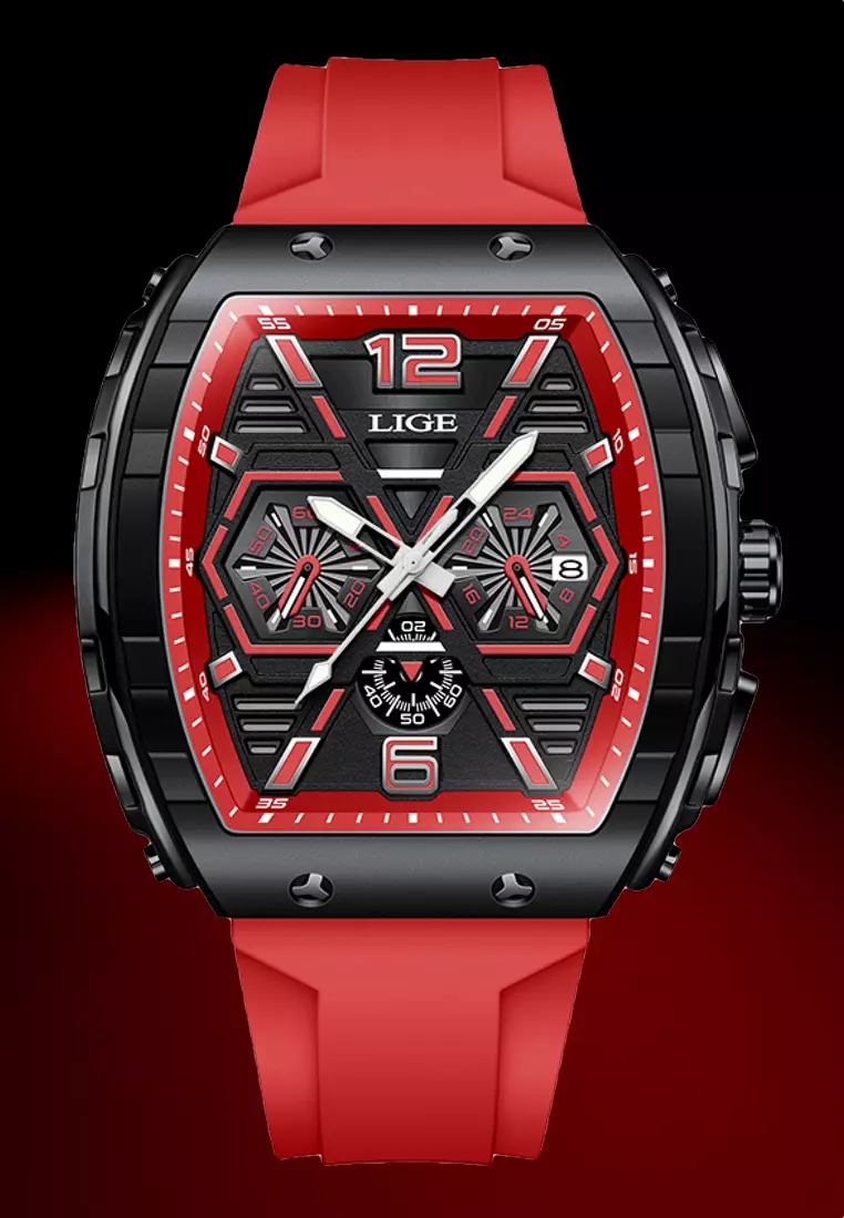 男女通用酒桶形 IP 橡膠錶帶黑色石英手錶