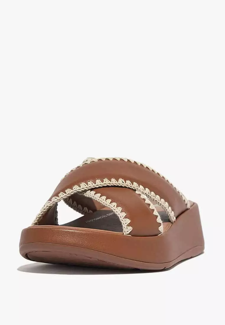 Discount on Fitflop  shoes - SKU: Fitflop F-Mode Crochet-Stitch Leather Flatform Slides Gj7-592 Light Tan