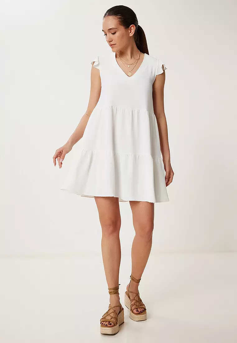V Neck Flared Textured Mini Knitted Dress