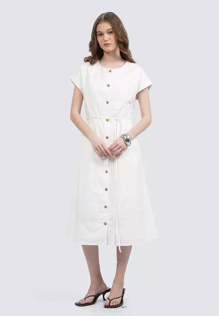 Round Neck Short Sleeve Midi Dress OFF WHITE