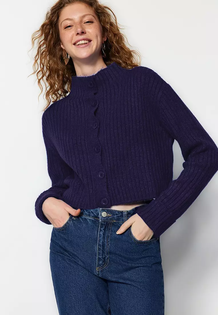 Navy Blue Crop Soft Textured Stand Collar Knitwear Cardigan