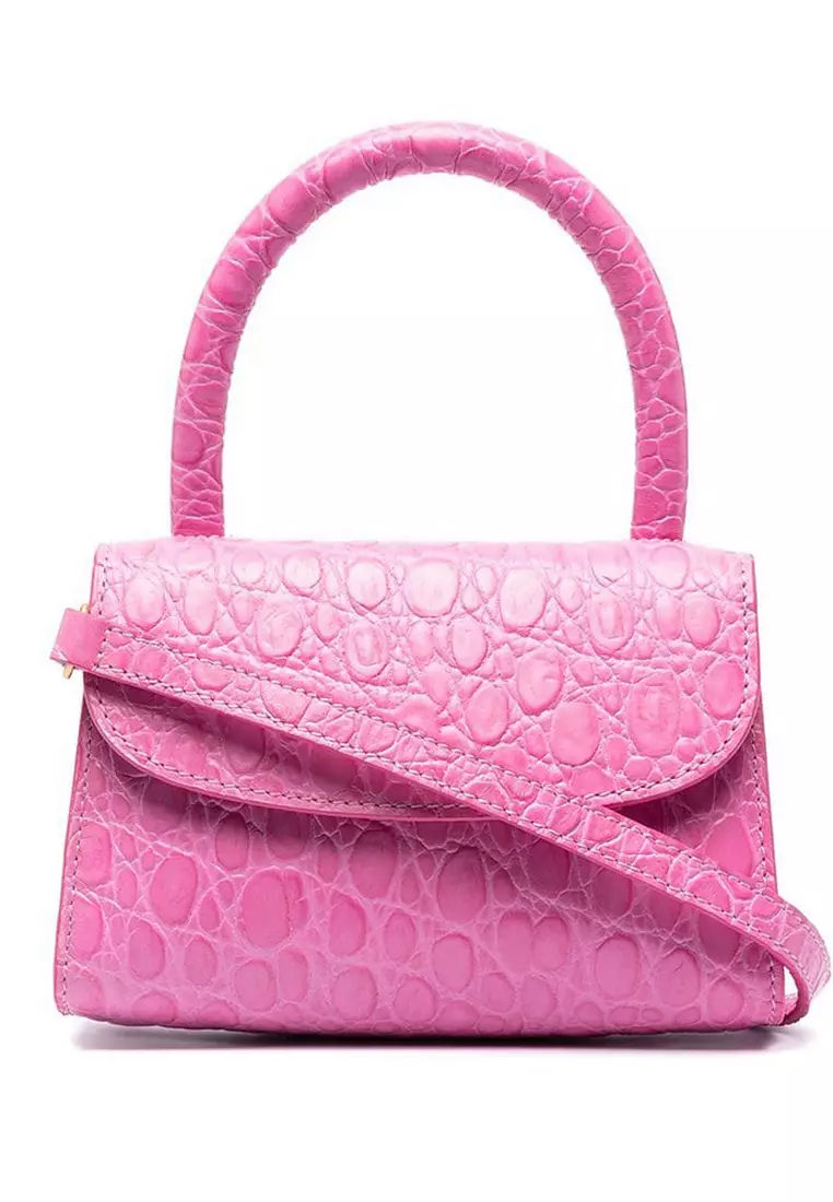 By Far Mini Circular Croco Embossed Leather Shoulder Bag in Fuchsia