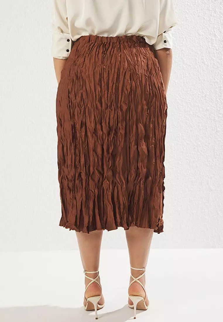 Brown Satin Woven Plus Size Skirt TBBAW25AZ00014