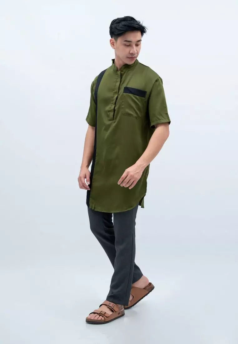 Baju Koko Kurta Pakistan Lengan Pendek Muslim Gamis Pria Houseofcuff H - HIJAU ARMY