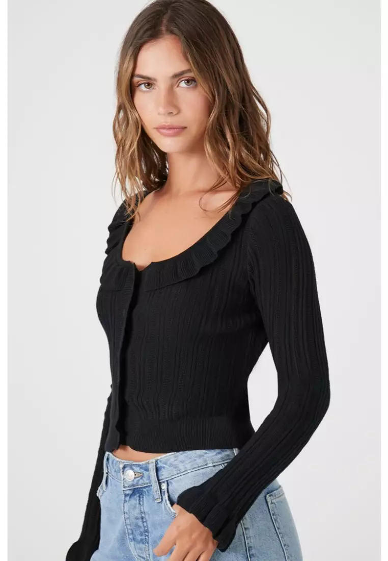 Ruffle trim on sale cardigan sweater