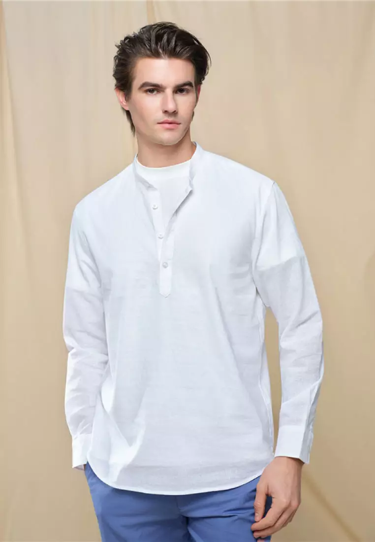 Men's Linen Cotton Stand Collar Long Sleeve Shirt 01046218