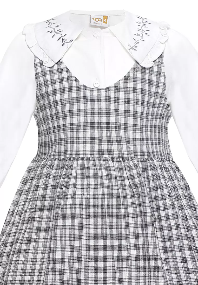 Qna Girl Christel Overall Dress Pendek Anak Abu Motif Kotak