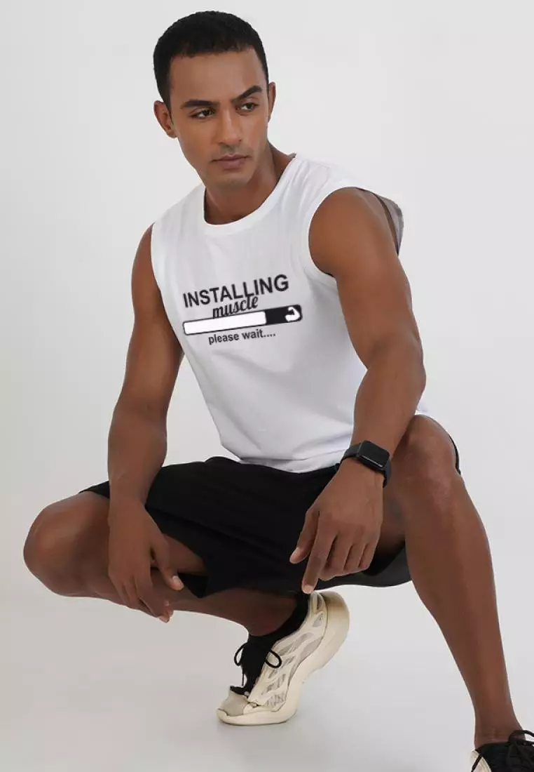 Installing Muscle White Cotton Sleeveless Workout/Training Tank
