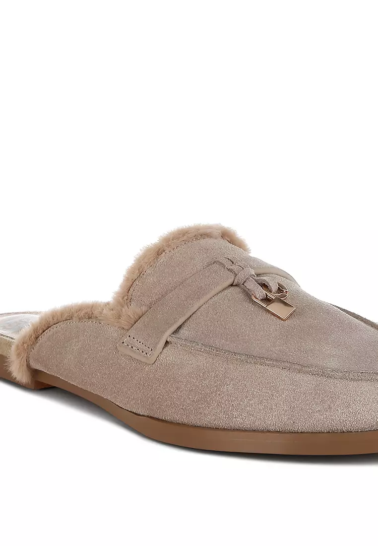 Suede & Faux Fur Slip-On Mules in Beige