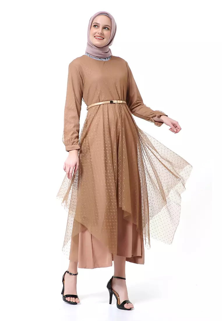 Zahwa Long Dress Gamis Muslimah Long Sleeve Free Belt High Quality - Brown